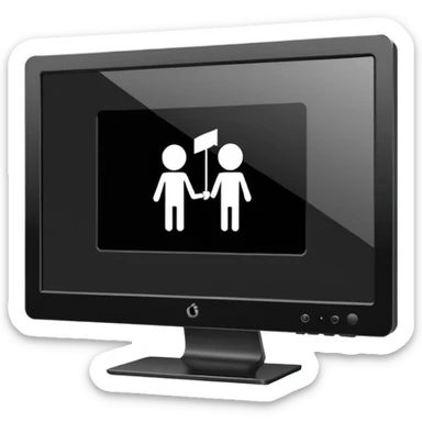 Minimalistic flat vector icon, iOS style, thin black contour on white background. Computer monitor showing a simple stickman character inside a game world. Clean, no text, no shadows sticker