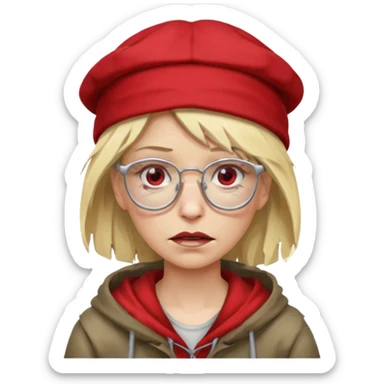 very dirty looking homeless woman with ripped red hat with ugly blond hair and broken glassess sticker