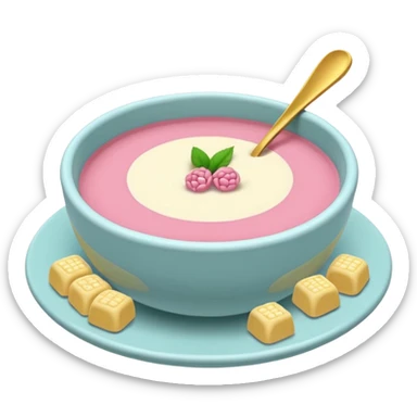 tazita de sopa, pastillas en estilo aesthetic y una camita rosada. sticker