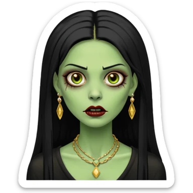 Faça uma zombie mulher bonita verde com olhos castanhos cabelos pretos partido ao meio liso, com estilo y2k e ouro sticker