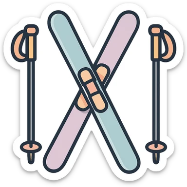 cross-country skis standing, slightly inclined in opposite directions, poles on the sides, detailed shading, thin clean outlines, soft rounded features, pastel palette #98B5BC #B5B3C1 #C9A3C9 #E4C0CA #F7DCD1 #F7C0AA, Japanese pop art, sticker look, highly detailed, vector clarity, soft lighting, subtle shadows, transparent background sticker