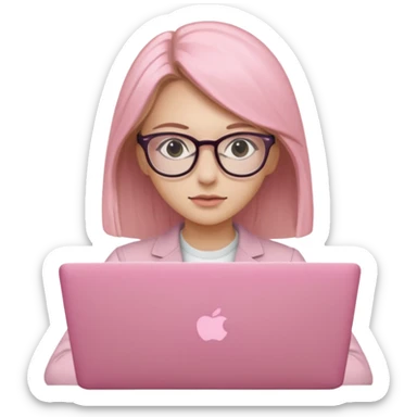 Chica lacia en una MacBook rosa investigando y haciendo tareas sticker