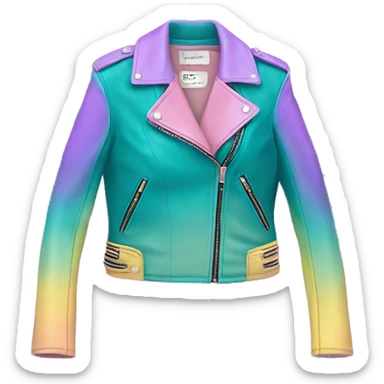 Realistic isolated side view of an open teal,pastel pink,pastel purple,and yellow ombre feminine fashion leather jacket.  sticker