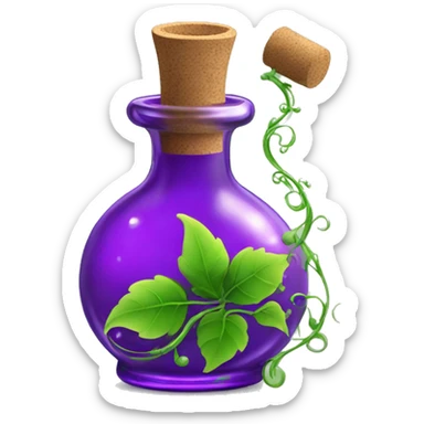 A glass potion bottle with a cork, filled with swirling purple liquid that has beautiful green vines wrapping around the bottle sticker