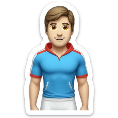 retro 70s blue and red gym clothes for a modern white brunette uni male student with glass sticker