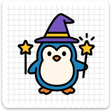 A penguin wizard with a pointy hat and a magic wand sticker