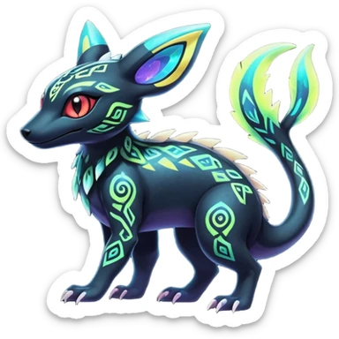 Colorful Neon Exotic Salandit-Aurorus-Umbreon-Fakémon-hybrid-creature (full body) with iridescent tribal markings sticker