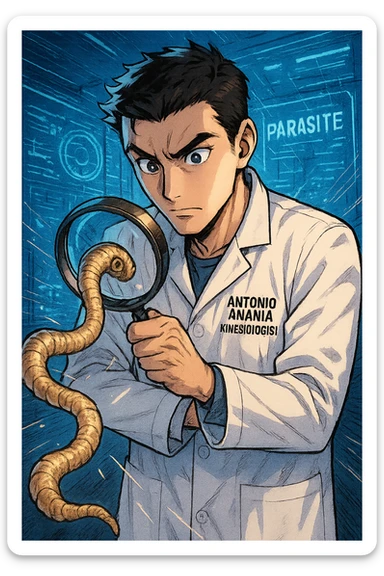 A dynamic manga/webtoon-style illustration of a young male kinesiologist wearing a clean white lab coat, analyzing light beige worms like a tapeworm under a magnifying glass. His expression is focused and slightly intrigued, with sharp, detailed eyes. The art style is vibrant, with bold linework, rich colors, and dramatic lighting. The background is a futuristic laboratory with glowing holographic screens displaying parasite data. The tapeworm is intricately drawn, slimy and segmented, with a slightly exaggerated yet realistic texture. The composition is dynamic, with motion lines or energy effects to emphasize his scientific investigation. The atmosphere is intense but not dark, keeping a balance between scientific seriousness and stylish manga aesthetics, he has "ANTONIO ANANIA" WRITTEN ON WHITE LAB COAT sticker