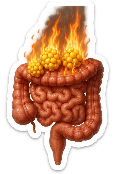 intestino umano con cellule gialle di grasso a grappoli attaccate sopra, con fiamma che brucia, iperrealistici 4k sticker