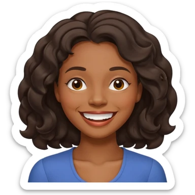Happy fuller  face with big smile showing top teeth,  high cheek bones, dark brown skin color black women wavy hair shoulder length with side part, eyes slightly closed sticker