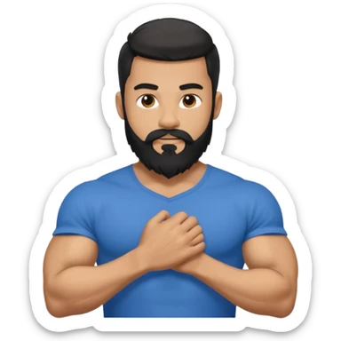 generate an ios genmoji of a 20 year old tan boy with long long long black beard that reaches his chest. Big biceps. wearing a blue shirt that fits his arms sticker