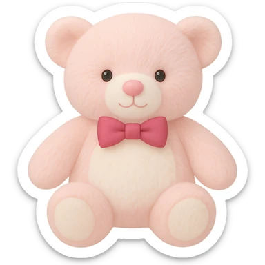 Add a bow tie to the teddy bear, keeping the pink and white fur, flat lighting, no shadows or background, soft plush look, maintain transparency. The style should reflect a soft plush teddy bear with flat lighting and no shadows, isolated on a transparent background. sticker
