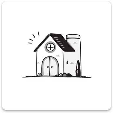 A cute small house/cottage with roof and windows in pastel colors (dd9fb0, ffc6d3, a3bfc9, c4bee2, f1b091), hand-drawn doodle style sticker