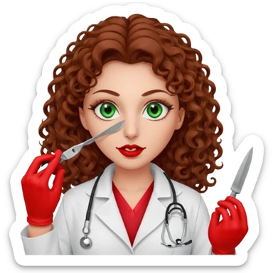 Lilith scalpel sexy evil woman. She has green eyes.  had brown long curly hair.  evil surgeon kills holding scalpel.  wears sexy doctor coat with red gloves. Covers nose, neck  and mouth with Muslim red berka sticker
