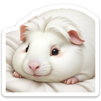 Meme-Worthy Cute Sleeping White Guinea Pig Portrait Emoji, Head resting peacefully with a contented smile, showcasing a delightfully chubby build and a luxuriously soft pure white fur, eyes shut in a serene, cozy nap, Simplified yet hilariously adorable features, highly detailed, glowing with a soft, drowsy light, high shine, relaxed and utterly lovable, stylized with an air of playful laziness, bright and heartwarming, soft glowing outline, capturing the essence of a comically sleepy guinea pig, so meme-worthy it feels like it could instantly become the next viral sensation of adorable slumber! sticker