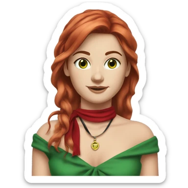 White caucasian woman in her 20s with long red layered hair and bangs green eyes freckles wearing a red dress, skinny scarf around the neck and holding a little black purse on her shoulder sticker
