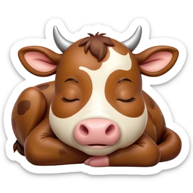 Meme-Worthy Cute Sleeping Brown Cow Portrait Emoji, Head resting peacefully with a contented smile, showcasing a robust build and a luxuriously soft deep brown hide, eyes shut in a serene, restful nap, Simplified yet hilariously adorable features, highly detailed, glowing with a soft, drowsy light, high shine, relaxed and utterly lovable, stylized with an air of playful laziness, bright and heartwarming, soft glowing outline, capturing the essence of a comically sleepy cow, so meme-worthy it feels like it could instantly become the next viral sensation of adorable slumber! sticker