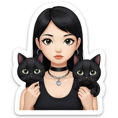 Asian girl, black hair.  Holding two BLACK cats with one cat has a round fat face. Both pure black.  The girl also wearing a black singlet, a black chocker, silver round hook earring, and wearing eyeliner.  sticker