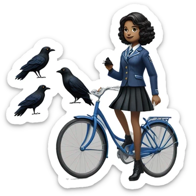 Silkstone enid sinclair from academy in blue and black vertically-striped school uniform skirt with jacket riding bikes with crows sticker