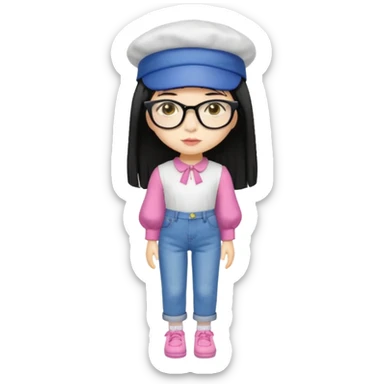 A yellow-skinned girl with long straight black hair, flat bangs, black frame glasses, a white puffy sleeve doll shirt, blue jeans and pink shoes, and a black painter's hat. sticker
