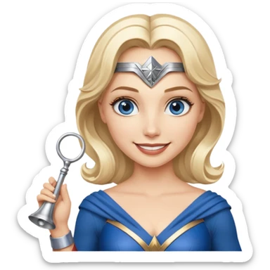 Blonde blue eyes Wonder Woman holding bell and short white orchestra conductor’s baton  sticker