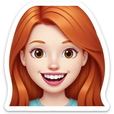 Young girl with pale skin, full pink lips smiling with big teeth, very long straight ginger red hair, bigger nose, deep brown eyes, big mouth sticker