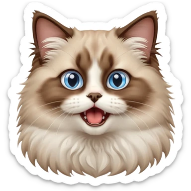 cinematic-adorable-big-eyed-fluffy-brown ragdoll-cat-portrait-emoji,-head-tilted-playfully-with-a-cute,-yawn,-white and brown fur,-simplified-yet-irresistibly-cute-features, blue eyes sticker