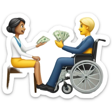 person in wheechair talking money with lady sticker