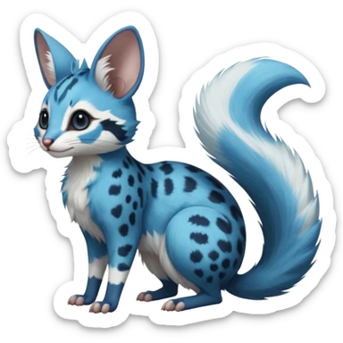 Cyan, dark-cobalt-blue-pointed, soft realistic romantic vintage antique divine beautiful elegant pretty precious cute young youthful  Fakémon-Pokémon-opossum-feline-mouse-serval-caracal-chinchilla-Minccino-Cinccino-Meowstic-rodent-hybrid-creature with a big fluffy bushy tail (full body) sticker