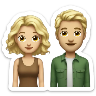 An american couple. The woman is blonde and has blue eyes and long wavy hair. The man has brown, short hair, his left ear is perced. His eyes are green sticker