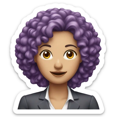 European, purple curly hair, woman, middle-aged, professional attire. sticker