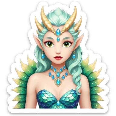 Am amazing blend of a half dragon woman with glittering jeweled scales covering her body. She has large almond shaped eyes, lush lips, and she wears a stunning luminescent gown. sticker