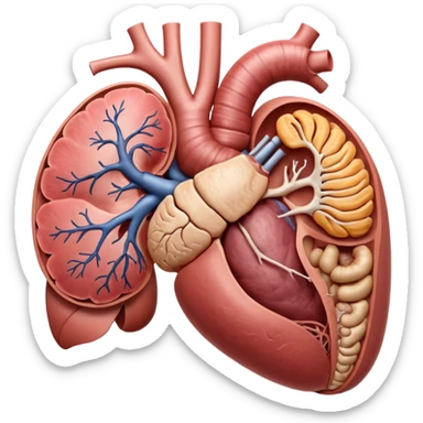 A highly detailed 3D anatomical model of the stomach of a human, including but not exclusive to the intestines, stomach, kidneys etc. Medical illustration style, realistic lighting, neutral background, hyper-detailed, scientific accuracy, 8K resolution sticker
