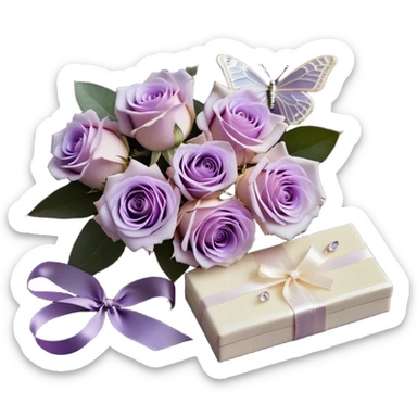 An artistic flat lay composition featuring a bouquet of soft light violet Ascott tea roses with dewdrops glistening on their petals, set against a velvety deep purple background. A delicate lavender butterfly, with translucent wings shimmering in soft light, flutters nearby. A luxurious ivory silk ribbon flows through the arrangement, its texture smooth and refined. Beside it, a beautifully crafted vintage-style perfume bottle in an iridescent pearl color, embellished with intricate floral engravings, completes the enchanting aesthetic sticker