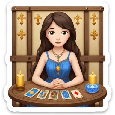 Create a brunette girl with brown eyes sitting at a table with tarot cards. sticker