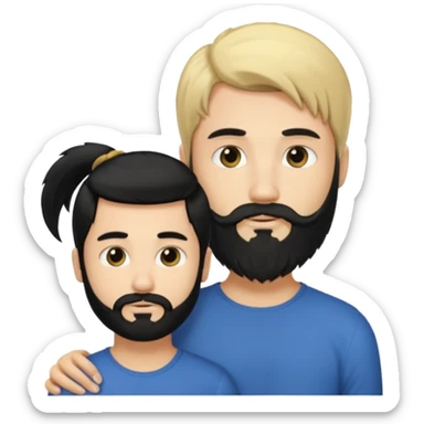 Man with long black hair tied in a tail and beard with a young blond short-haired without a beard sticker