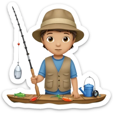 Little boy on the dock fishing, felt texture, scrapbooking sticker