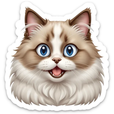 cinematic-adorable-big-eyed-fluffy-brown and white ragdoll-cat-portrait-emoji,-head-tilted-playfully-with-a-cute,-yawn,-soft-brown-and white-colored-fur-with-darker-points-on-the-ears,-simplified-yet-irresistibly-cute-features, sparkling blue eyes sticker