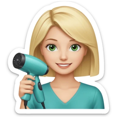Blonde bob girl hair stylist with blue green eyes holding a hair dryer sticker