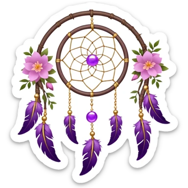 A white-wooden-circle-framed Dreamcatcher. with purple-round-orbs, gold-rings hanging down. purple flowers, pink sakura flowers, sticker