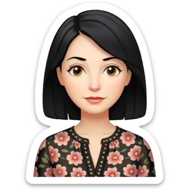 woman in her 50s, shoulder-length black hair, wearing a patterned blouse, gentle expression sticker
