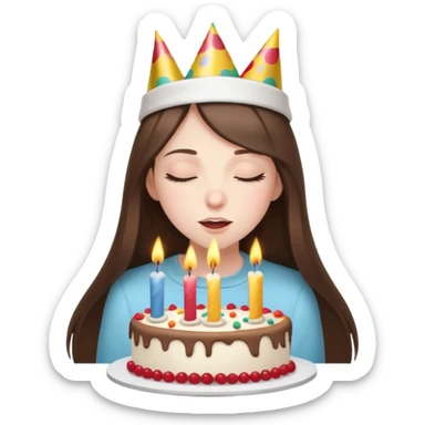  beautiful pale brunette girl with long hair with birthday cap blow out the candles on her birthday cake eyes closed sticker