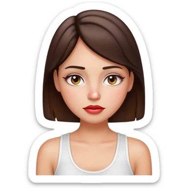 “Emoji brunette girl white tanktop, dewy skin, heavy blush across cheeks and nose bridge, glossy cherry lips, soft eyeliner, teary sparkling eyes like hanni from new jeans sticker