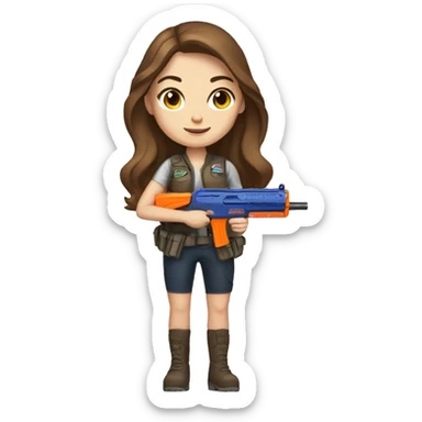white girl with brown hair holding a nerf sticker