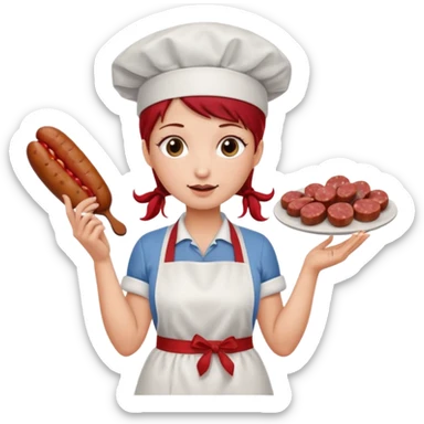 Charcutera con un chorizo y embutido en la mano con una redecilla en el pelo y delantal blanco y añade mucha carne alrededor sticker