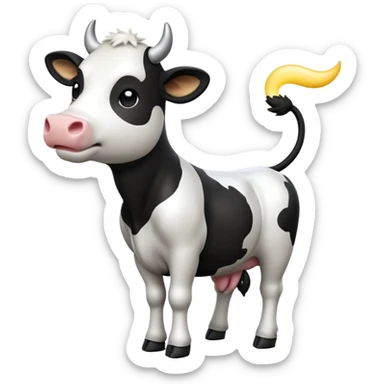 cinematic-[cow]-realistic-full-body-standing-emoji,-tail-flicking-lazily,-head-tilted-dramatically,-sleek-[black and white]-fur,-simplified-yet-realistic-focused-features,-highly-detailed,-glowing-with-an-almost-sarcastic-glow sticker