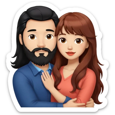 handsome mixed white asian man with long black hair and beard, hugging cute tan skin woman with long wavy reddish brown hair with bangs and coral lipstick sticker