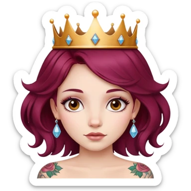Beautiful tattooed long burgundy haired girl wearing a princess crown sticker