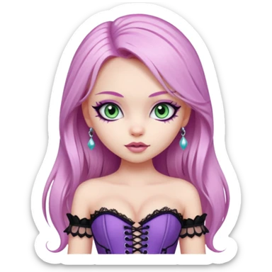 pretty bratz girl, long straight LIGHT pink HAIR, jade kitten eyes, black eyeliner, pale skin, purple corset clothes with laces sticker