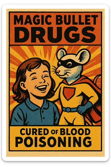 A poster titled 'Magic Bullet Drugs' with an image of a young girl smiling as she has been cured of blood poisoning with a superhero lab rat sticker